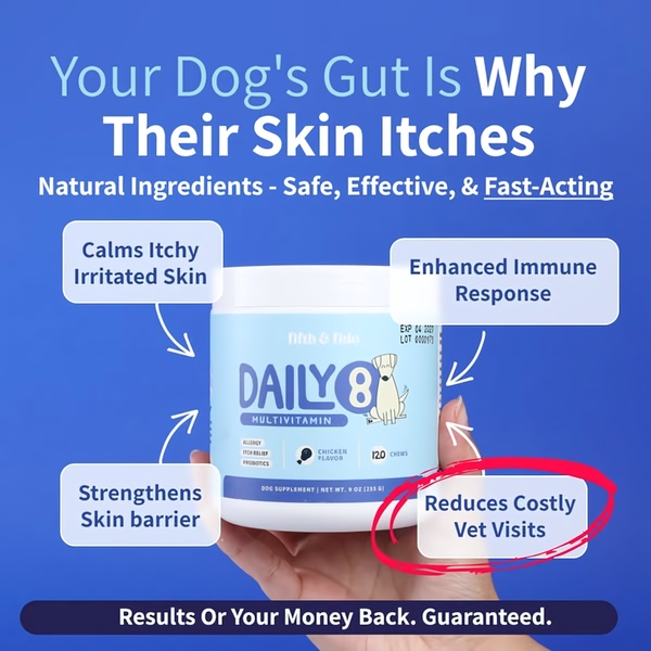 This ad creative features a direct educational hook connecting gut health to skin issues, using annotated arrows to highlight specific supplement benefits.